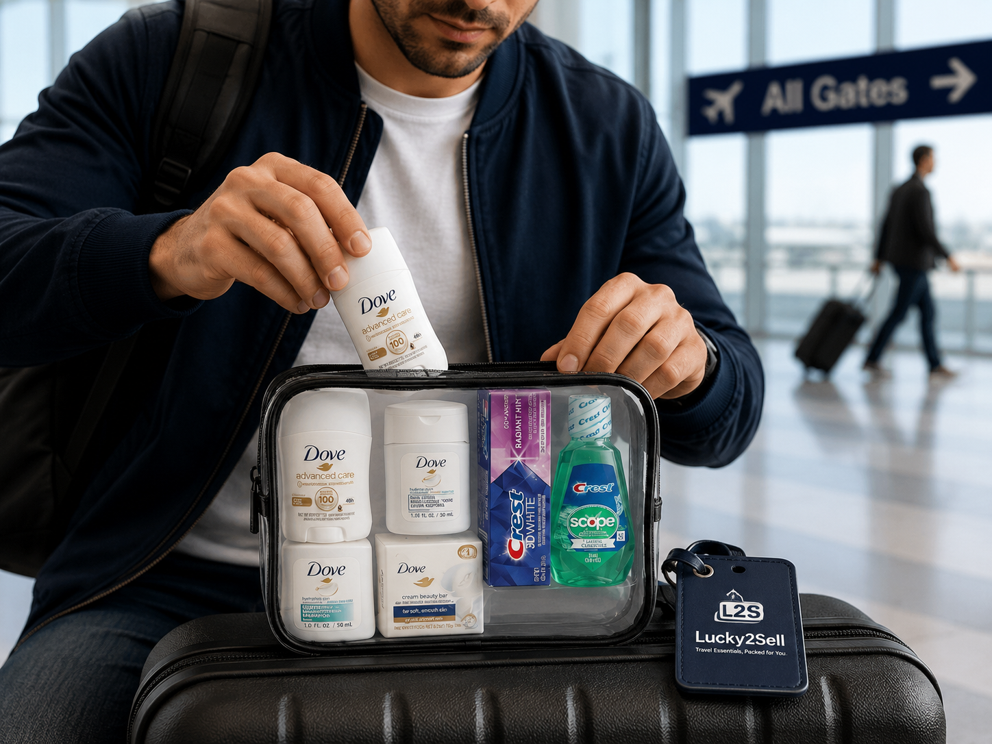 Traveler packing a Lucky2Sell clear travel kit into carry-on luggage